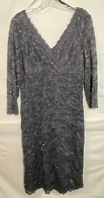 Marina Dress Grey Sequin Lace V Neck Long Sleeve Size 14 Stretch Formal New Tag • $36