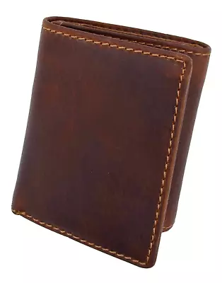 RFID Blocking Brown Vintage Leather Men's Trifold Center Flap Wallet • $13.80