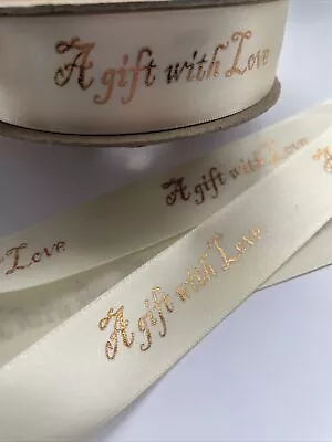 2 Metres 25mm Cream Gold Gift With Love Ribbon Cake Bows Handmade Gifts Crafts • £1.50