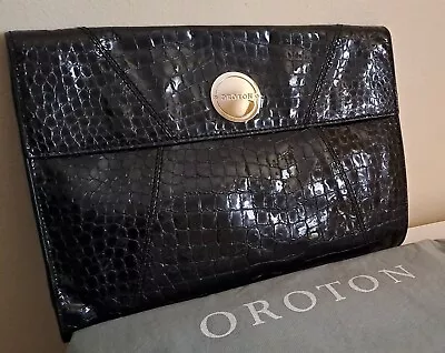 $70 • Buy Oversized Black Leather Crocodile Oroton Clutch With Dust Bag Numbered.
