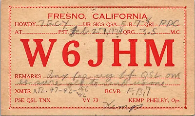 1934 W6JHM Fresno California Ham Radio Amateur QSL Card Postcard Vtg • $11.96