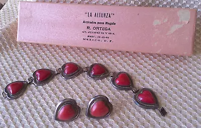 Vintage Mexico Sterling Silver 925 & Red Jasper Heart Bracelet & Earrings • $159.99