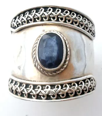 Sapphire Cigar Band Sterling Silver Ring Size 8 Vintage Blue Gemstone Wide As Is • £27.95