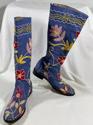 Boots By Vero Cuoio Denim Embroidered Sz 6/37 Made In Italy #4472 • $25