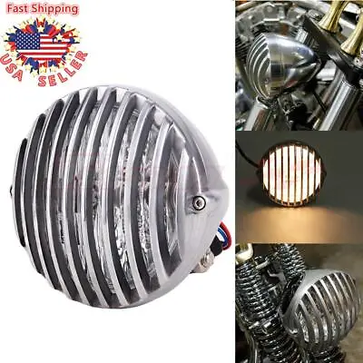 Motorcycle Round Scalloped Finned Grill Headlight Chrome For Harley Bobber Dyna • $35.67