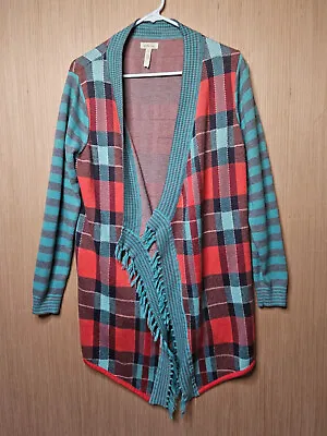 Matilda Jane Cardigan Sweater Womens Medium Red Green Plaid Duster Tassel Trim • $1.69