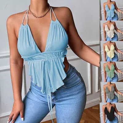 £4.39 • Buy Womens Sexy V Neck Cami Tops Strappy Halter Neck Vest Summer Beach Party T-Shirt