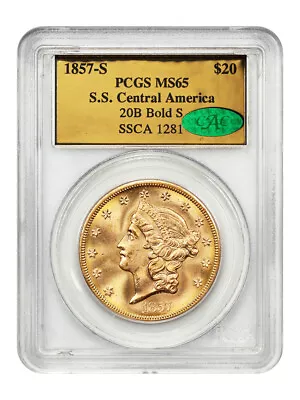 S.S. Central America: 1857-S $20 PCGS/CAC MS65 (20B Bold S) • $15750