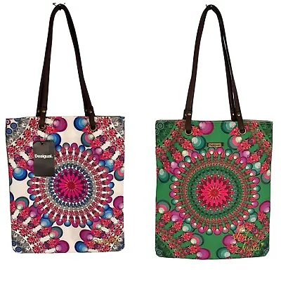 DESIGUAL Embroidered Canvas Two Side Tote Handbag Boho • $49.99