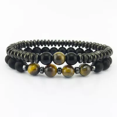 Mens Ladies Tiger's Eye Black Matt Magnetic Hematite Round Bead Couple Bracelet  • £3.99