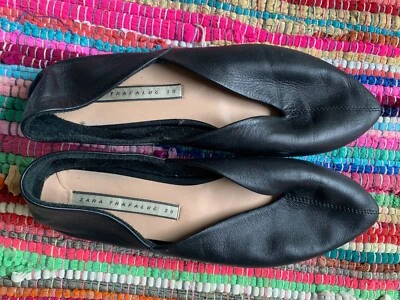 $11 • Buy Zara Traffaluc Flat Black Leather Slippers Size EU 38, US 8