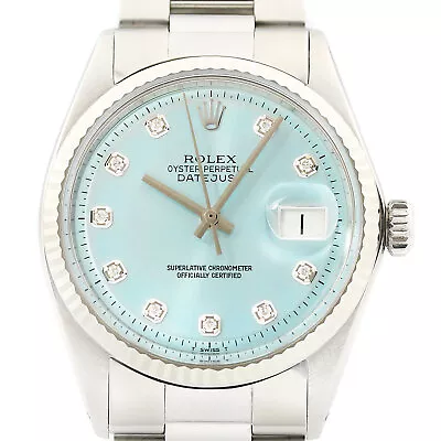 Rolex Mens Datejust Ice Blue Diamond Dial 18K White Gold Stainless Steel Watch • $4095