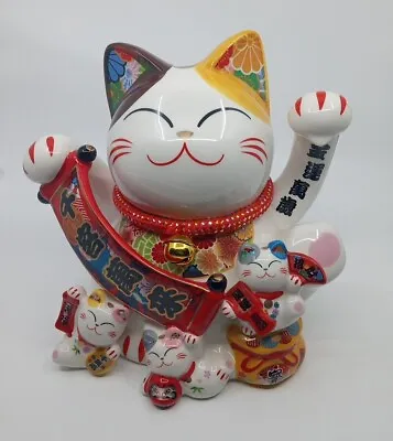 Maneki Neko 12  Large Ceramic Bust Bank - Lucky Waving Cat Bust Big • $59.95