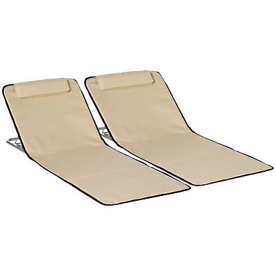 Outsunny 2 Pieces Outdoor Beach Mat Steel Reclining Chair Set W/ Pillow Beige • £27.99