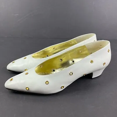 Escada Heels 7.5 Vintage White Leather Gold Studded Slip On Pump Shoes With Box • $64.95