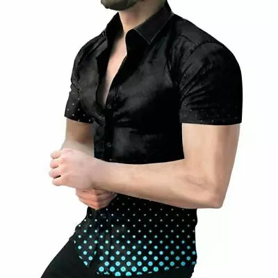 ⭐⭐Button Up Shirt Men Black Fashion Polka Dot Short Sleeve Casual Gradient Dress • $21.98