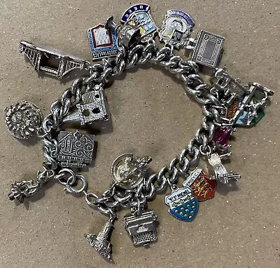 Vintage Solid Silver Charm Bracelet With 19 X Charms Inc Lighthouse Typewriter • £150