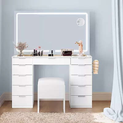 Vanity Desk Set With Large Lighted Mirror 46  Makeup Vanity Table W/ 11 Drawers • $283.62