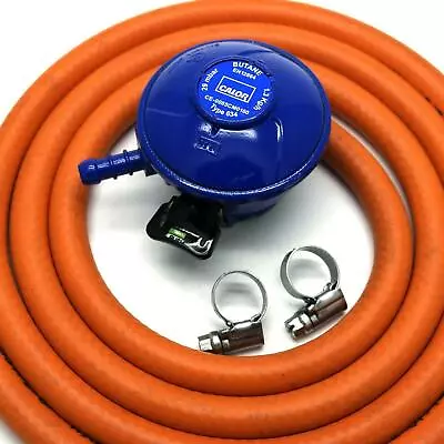 CALOR GAS BRAND BUTANE 21mm GAS REGULATOR 2mt HOSE & 2 CLIPS 5 YEAR WARRANTY • £18.99