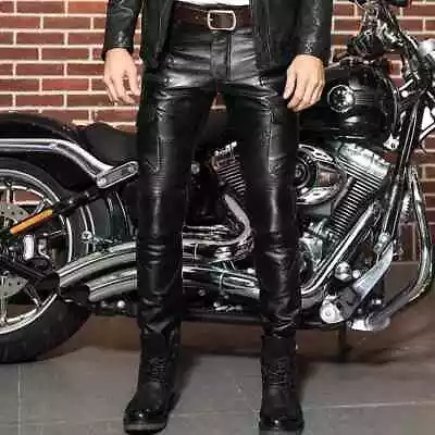 Men's Genuine Leather Black Pants Biker Slim Fit Sheep Leather Handmade Trousers • £79.99