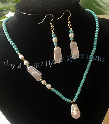 Natural Blue Turquoise White Rice Baroque Pearl Pendant Necklace Earrings Set • $15.98