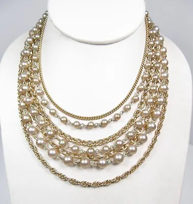 Vintage Gold Tone 7 Multi Chain & Glass Pearl Bead Necklace 15  1980s Jewelry • $20