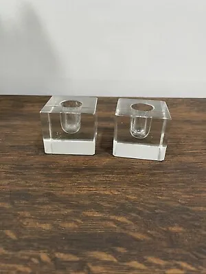 Pair Of Mid Century Clear Glass Cube Candle Stick Bases • $9.99