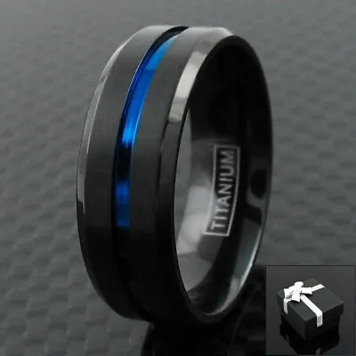 6/8mm Black Titanium Men's Thin Blue Line Brushed Wedding Band Ring • $13.99