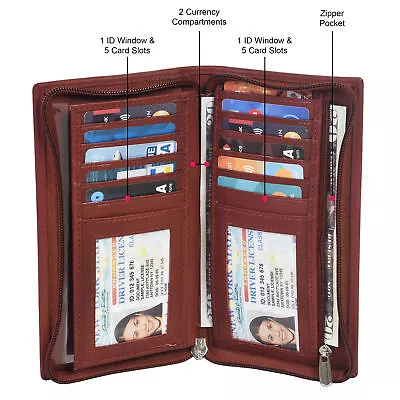 Leatherboss Genuine Leather Checkbook Credit Card Holder Zipper Brown • $13.99