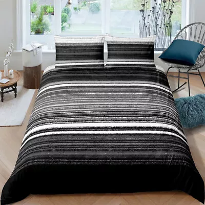 Black Stripe Set With 2 Pillow Shams Queen/King Size Comforter Modern Bedding • $69.14