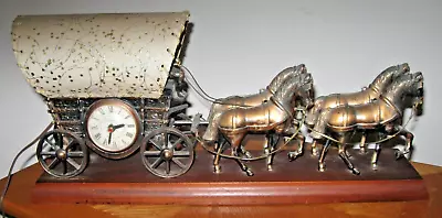 Vtg Covered Wagon Lamp Light & Clock Bronze W/Horse United Clock Corp. Works • $99.99