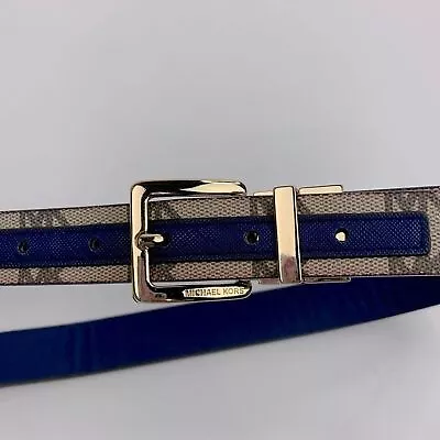 Michael Kors Leather Logo Belt Tan Blue Gold Buckle Medium Adjustable 1” • $27.20