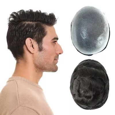 Toupee For Men Human Durable Thin Skin Men Hairpieces Wig Sturd Black Color • $75.99