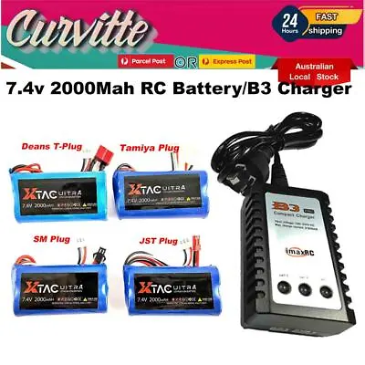 Li-ion Battery 7.4v 2000mAH 2S Deans T-Plug JST SM Tamiya B3 Charger For RC Cars • $24.95