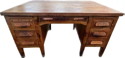 Vintage Oak Industrial Teachers Desk By  Standard Furniture Company  • $500