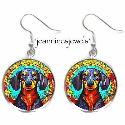 DACHSHUND Dog Earrings FAUX Stained Glass Silver Charm Dangle Dog Mom GIFT • $21.99