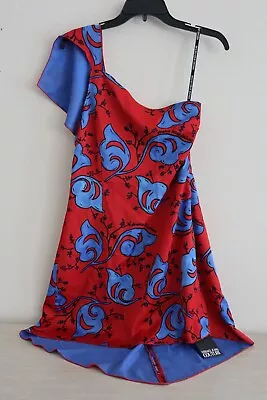 Versace Jeans Couture Sz 6 Red/Blue One Shoulder Envers Satin Print Dress $450 • $92.07