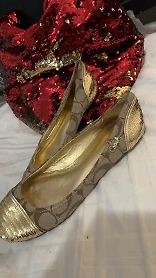Coach Tan Brown And Gold Sequin Shine Signature C Flats • $60