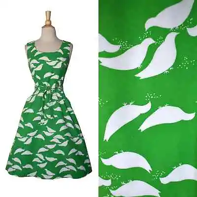 Vintage 70s Malia MOD Novelty Print Apple Green White Bird Cotton Wrap Dress • $70