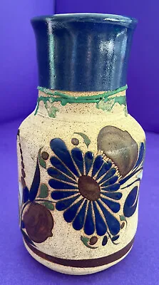 Vintage Mexico Tonala Vase Blue Flower Hand Painted Pottery Vase Signed SALE! • $20