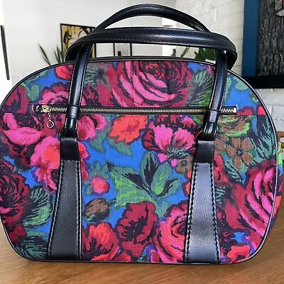 Vintage 1960's Mod Carry On Case Blue Pink Floral Satchel Bag 18” X 12” • $55