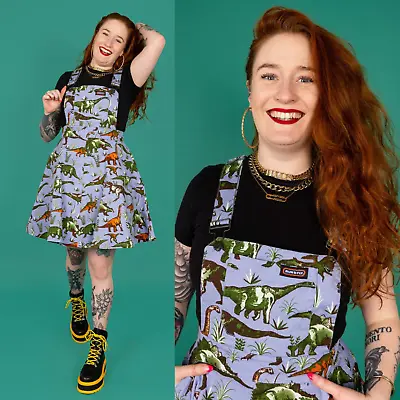 RUN AND FLY Blue Adventure Dinosaur Print Flared Pinafore Dress 8-26 Alt Geek • £39