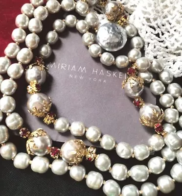 Miriam Haskell Rope: Gray Baroque Pearl Red MontÉe & Filigree Gilt Brass Accents • $650