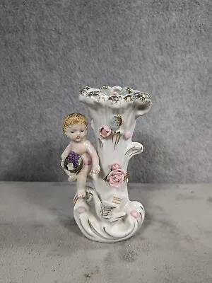 Camille Naudot Bud Vase French Cherub With Swan And Pink Roses 6  Tall • $24.98