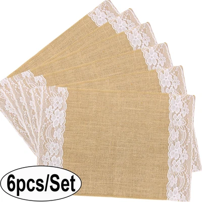 £11.09 • Buy Set Of 6 Hessian Placemats Vintage Burlap Jute Lace Table Place Mats Washable