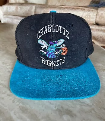 Vintage 90s Charlotte HORNETS Denim Suede Snapback Hat VTG  • $38