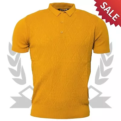 Relco Fine Gauge Knit Polo Shirt 2XL Diamond Argyle Knitted Mustard Mod Retro • £20.99