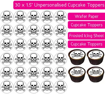 30 Skull And Crossbones Edible Wafer & Icing Cupcakes Toppers Bday Party Decor • £2.25