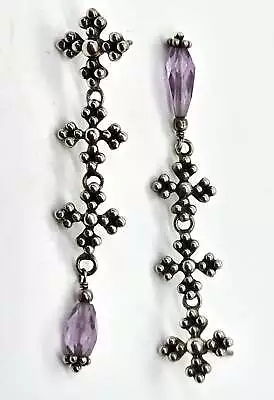 Doug Paulus Amethyst Maltese Cross Vintage Sterling Silver Drop Earrings 2 Inche • $42