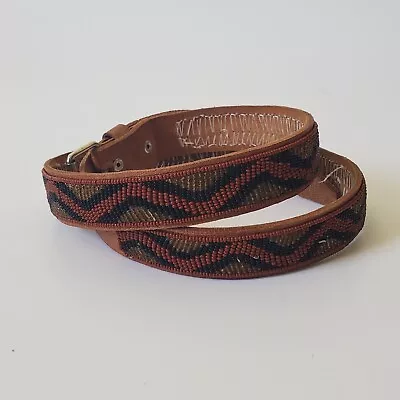 Vintage Beaded Leather Belt Mens 34 35 Brown Chevron Adjustable • $23.89